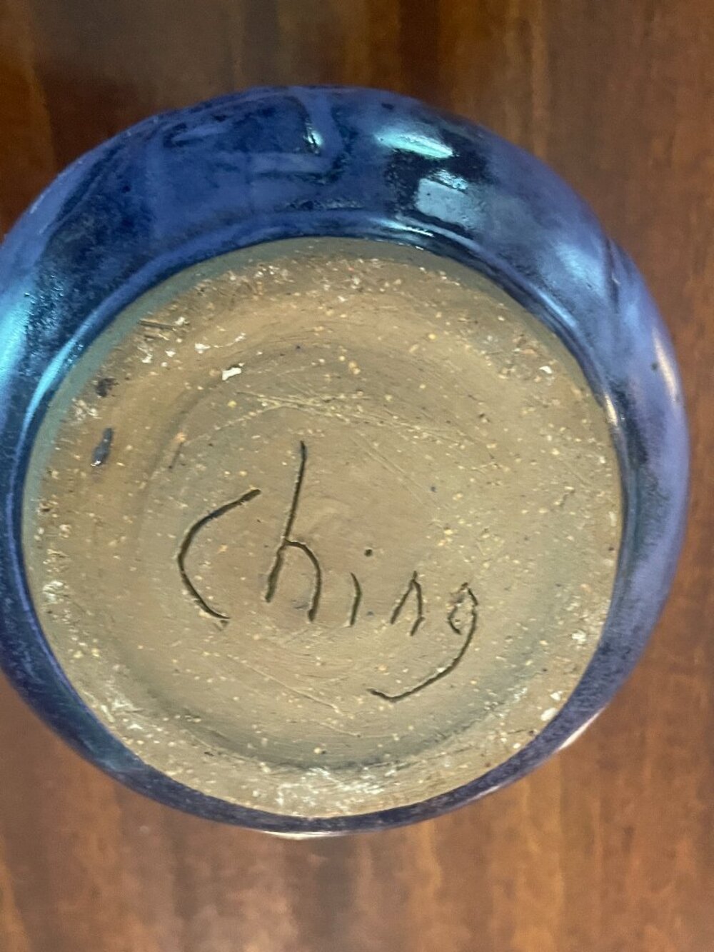 Handmade Blue Glaze Pottery Vase Starfish & Chinese Symbols 5" x 3" Signed - Picture 3 of 7